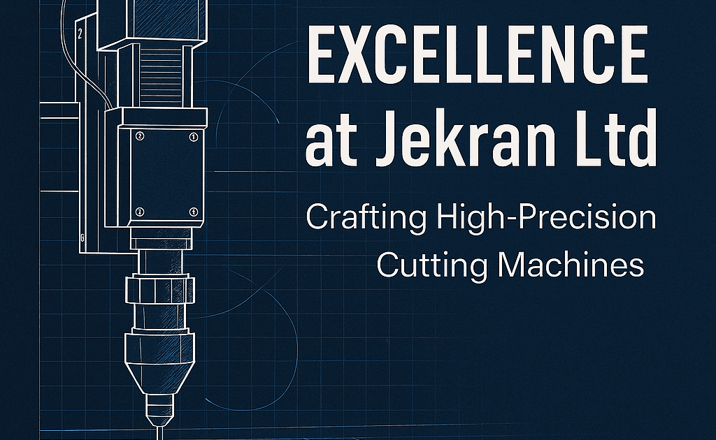 "Abstract industrial design with metallic textures and digital overlay symbolizing advanced cutting technology and precision engineering by Jekran Ltd.