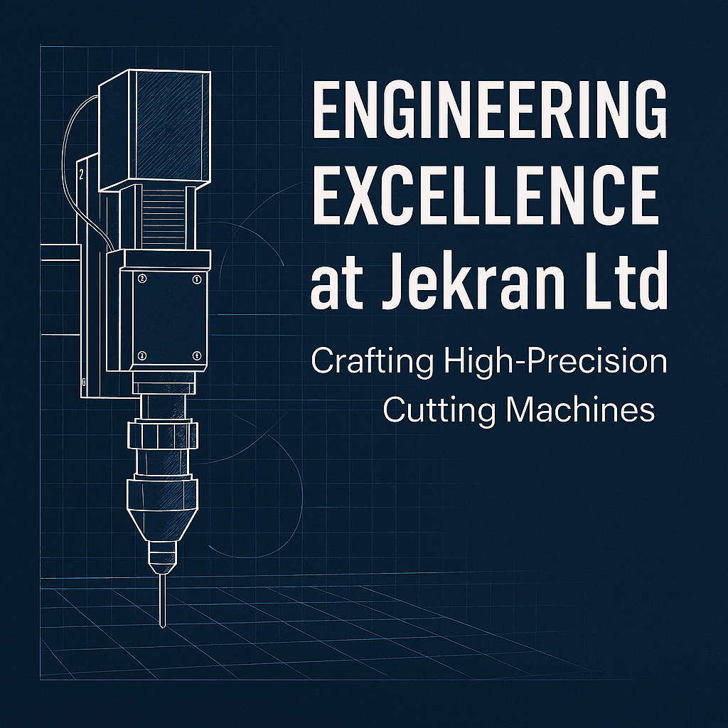 "Abstract industrial design with metallic textures and digital overlay symbolizing advanced cutting technology and precision engineering by Jekran Ltd.
