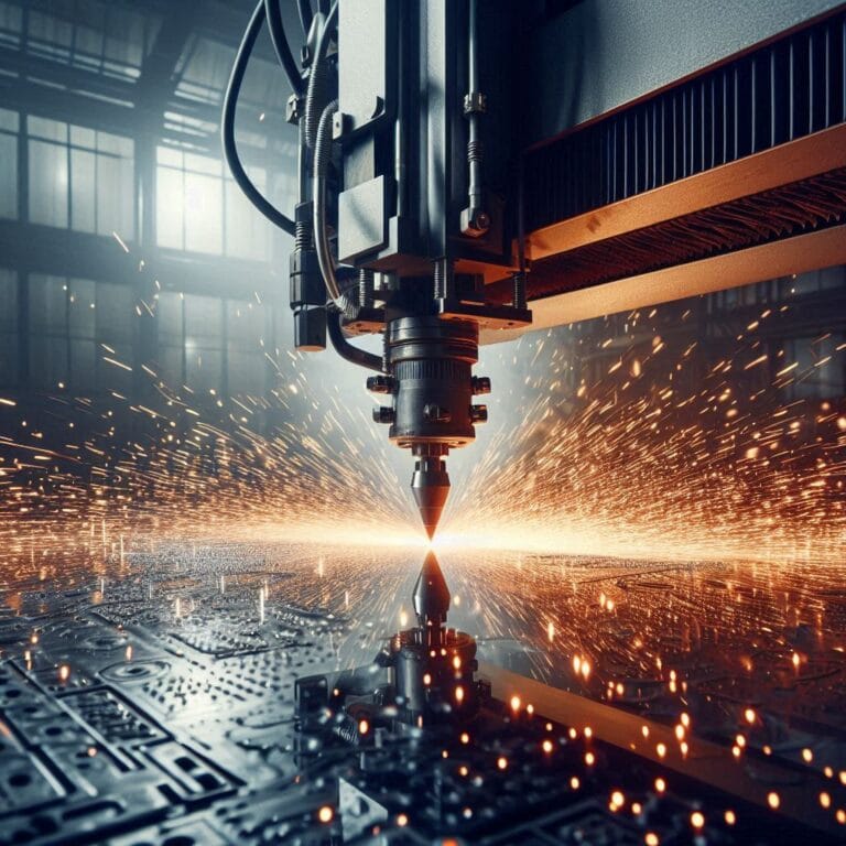 AI-generated image showing a plasma torch slicing through an aluminium-steel sheet, releasing a dazzling burst of sparks.