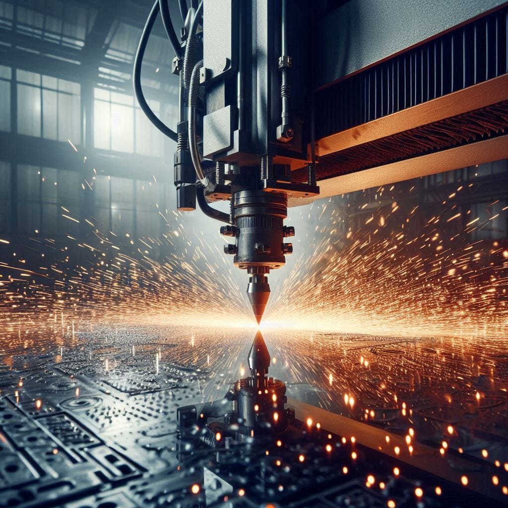 AI-generated image showing a plasma torch slicing through an aluminium-steel sheet, releasing a dazzling burst of sparks.