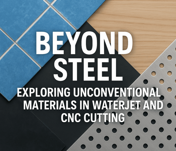 Split image: waterjet slicing ceramic tile with floating glass shards on blue; CNC router carving wood with chips on warm side, merging in center.