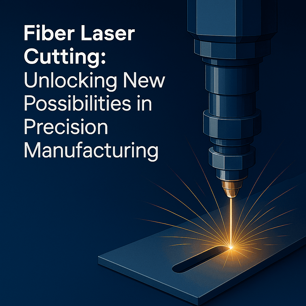 Fiber laser cutting image with a laser nozzle cutting a steel plate.