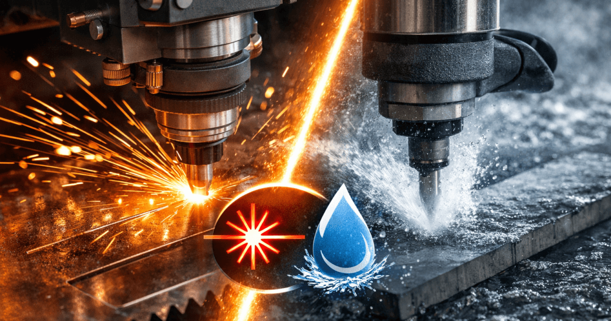 Hybrid laser and waterjet cutting processes side by side — laser sparks on metal and waterjet stream cutting thick material, symbolizing precision and versatility in modern fabrication.