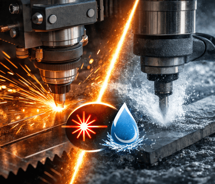 Hybrid laser and waterjet cutting processes side by side — laser sparks on metal and waterjet stream cutting thick material, symbolizing precision and versatility in modern fabrication.
