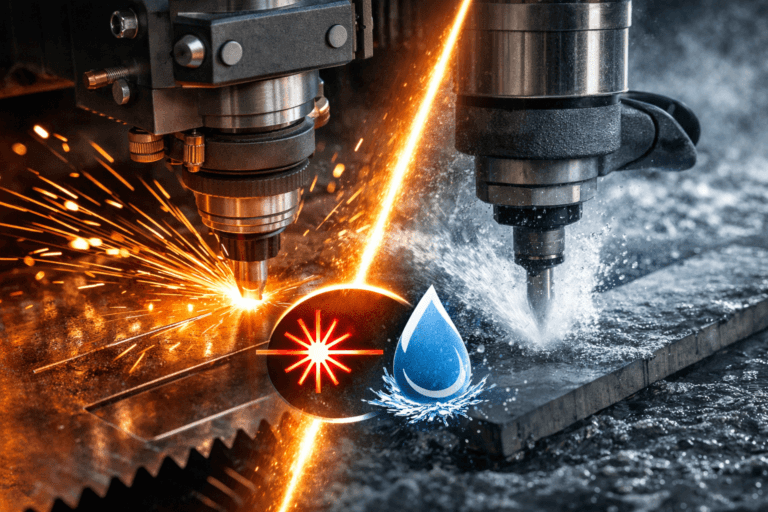 Hybrid laser and waterjet cutting processes side by side — laser sparks on metal and waterjet stream cutting thick material, symbolizing precision and versatility in modern fabrication.