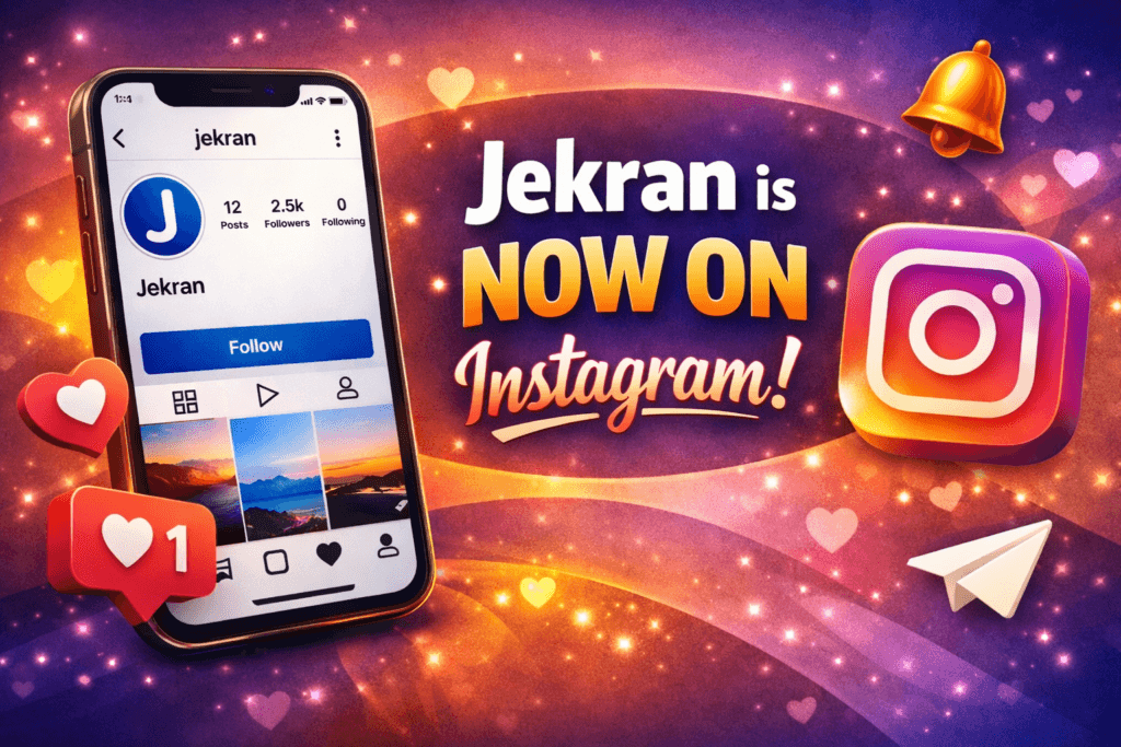 Jekran Instagram launch banner showing a smartphone with Jekran’s profile and text “Jekran is now on Instagram” in bright gradient colors, surrounded by social media icons.