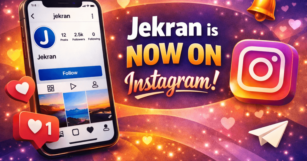 Jekran Instagram launch banner showing a smartphone with Jekran’s profile and text “Jekran is now on Instagram” in bright gradient colors, surrounded by social media icons.