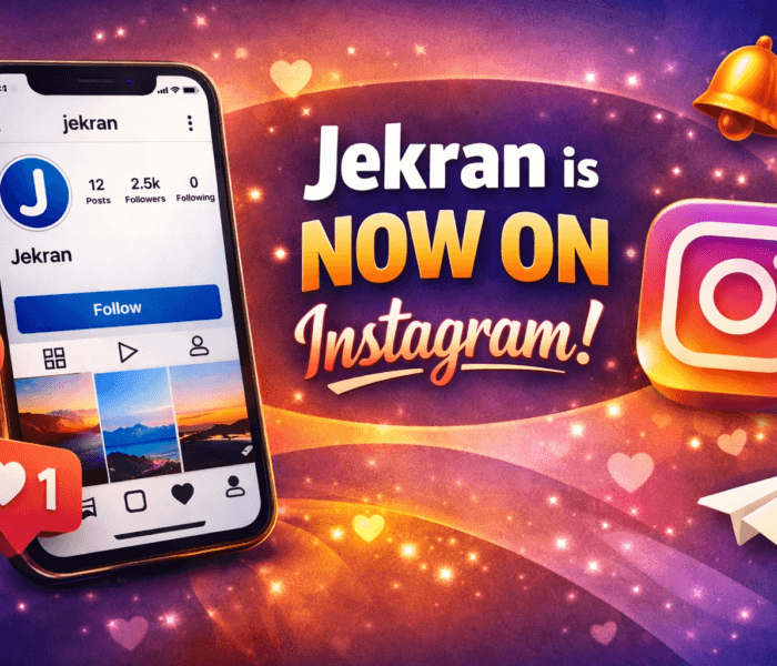 Jekran Instagram launch banner showing a smartphone with Jekran’s profile and text “Jekran is now on Instagram” in bright gradient colors, surrounded by social media icons.