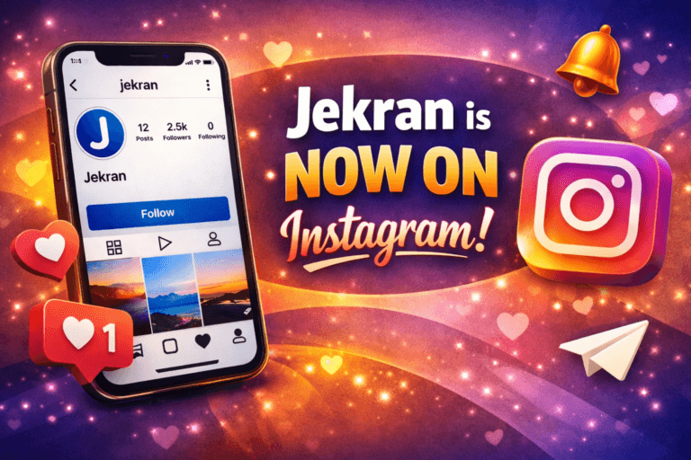 Jekran Instagram launch banner showing a smartphone with Jekran’s profile and text “Jekran is now on Instagram” in bright gradient colors, surrounded by social media icons.