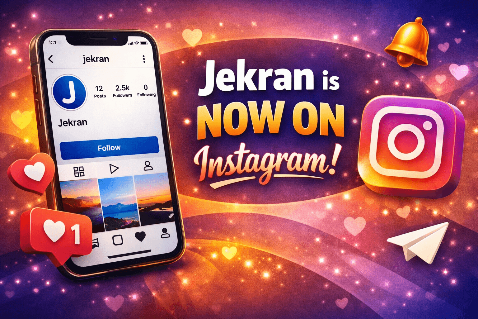 Jekran Instagram launch banner showing a smartphone with Jekran’s profile and text “Jekran is now on Instagram” in bright gradient colors, surrounded by social media icons.