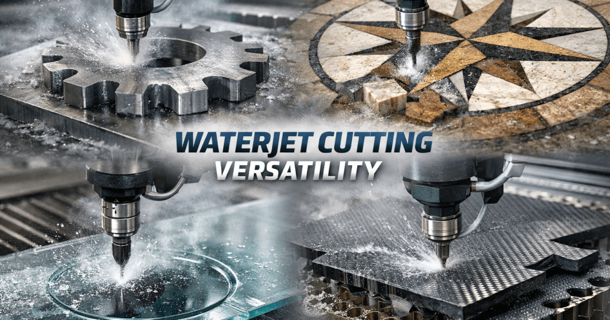 Composite image showing waterjet CNC cutting metal, stone, glass, and carbon fiber, highlighting the versatility and precision of waterjet technology.