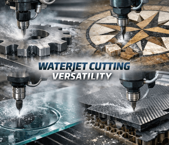Composite image showing waterjet CNC cutting metal, stone, glass, and carbon fiber, highlighting the versatility and precision of waterjet technology.