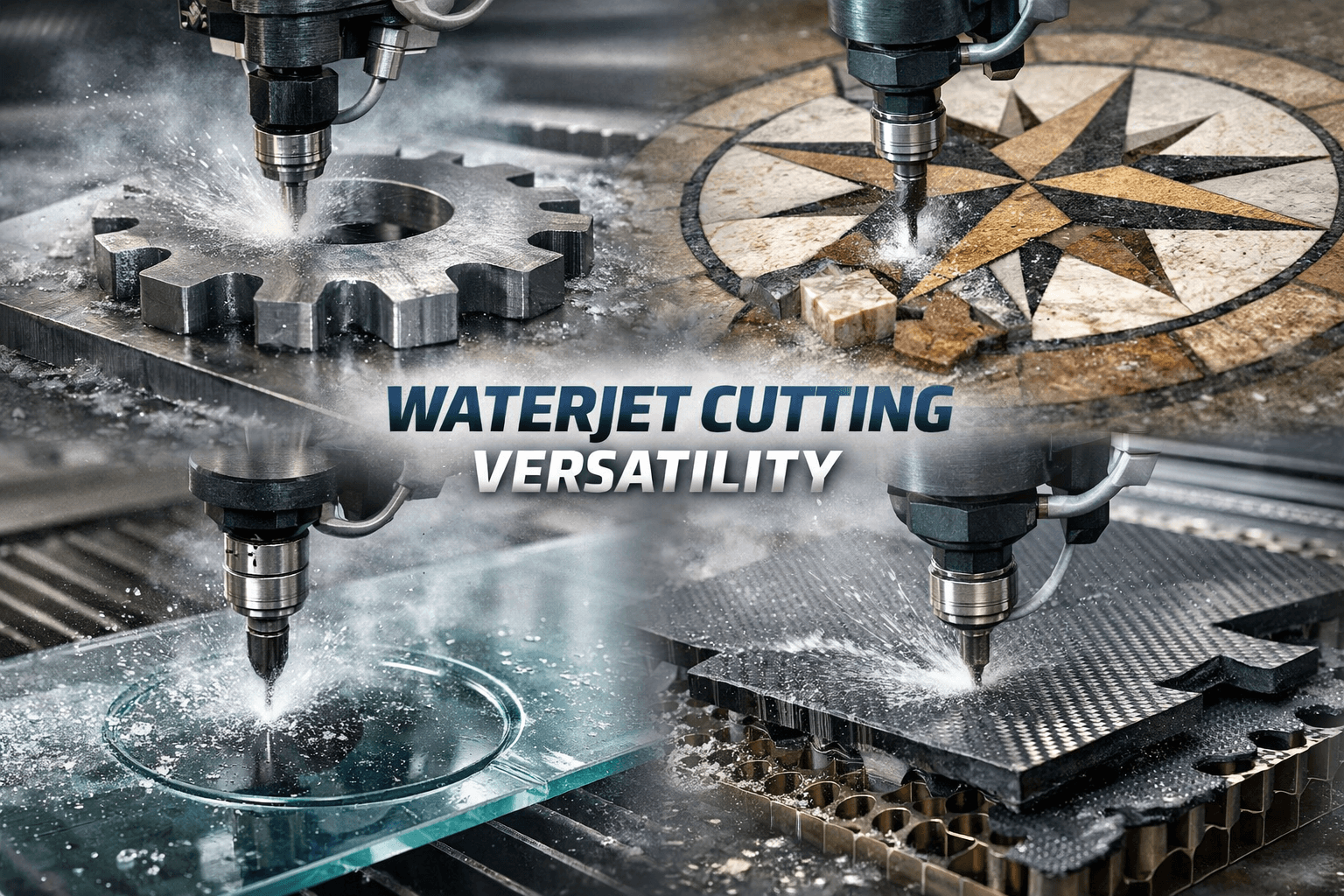 Composite image showing waterjet CNC cutting metal, stone, glass, and carbon fiber, highlighting the versatility and precision of waterjet technology.