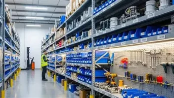 A long corridor with shelves full of spare parts.