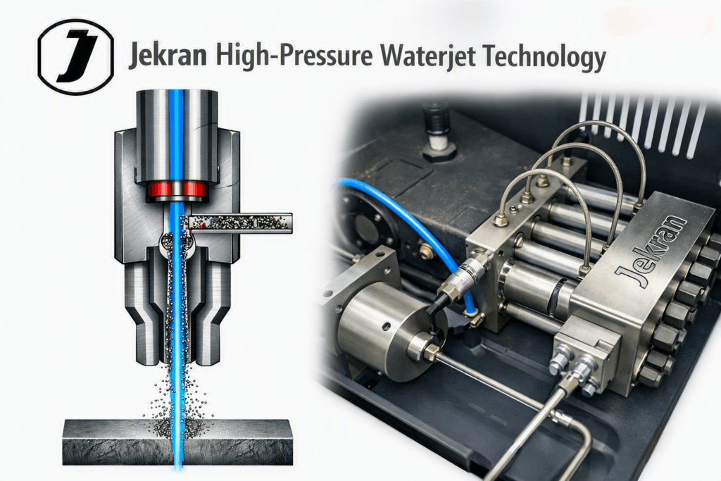a diagram of a waterjet nozzle on the left and the direct servo drive Jekran pump on the right.