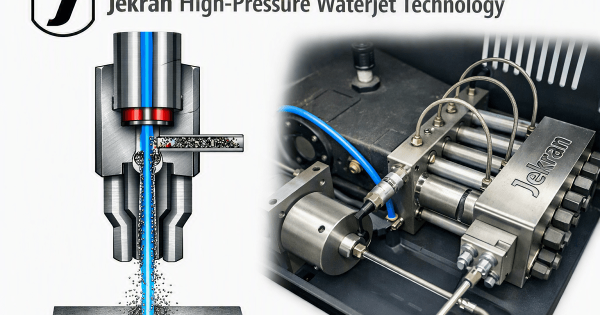 a diagram of a waterjet nozzle on the left and the direct servo drive Jekran pump on the right.