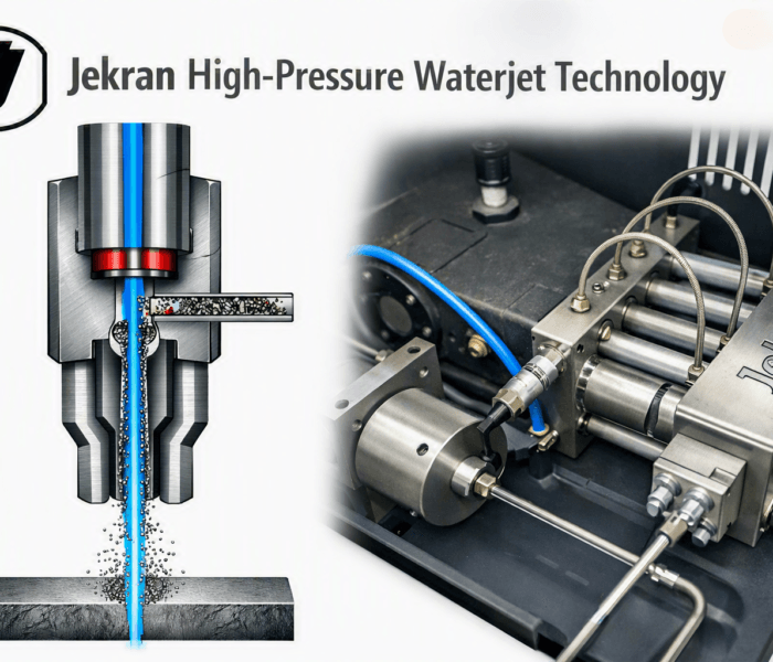 a diagram of a waterjet nozzle on the left and the direct servo drive Jekran pump on the right.