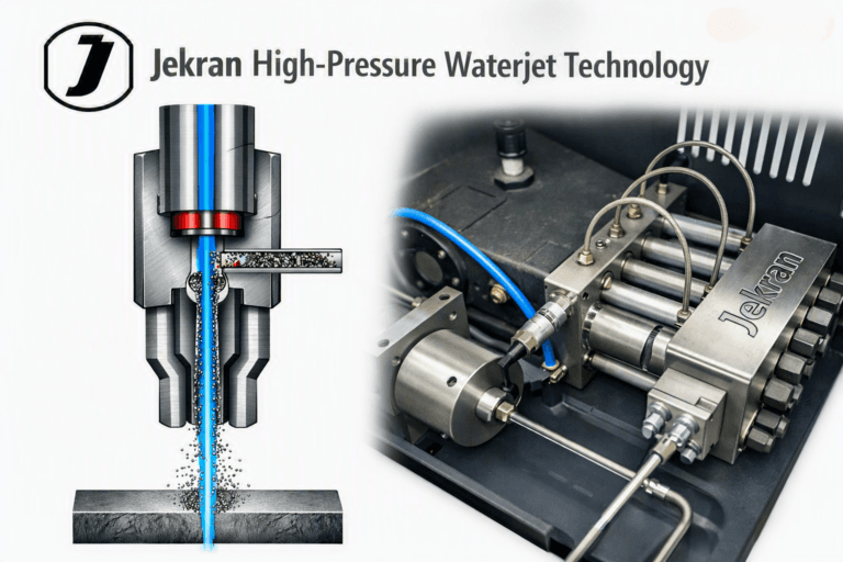 a diagram of a waterjet nozzle on the left and the direct servo drive Jekran pump on the right.