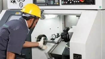 Technician with helmetchecking a lathe machine.