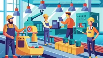 Ai generated cartoon image depicting technicians in a production line.