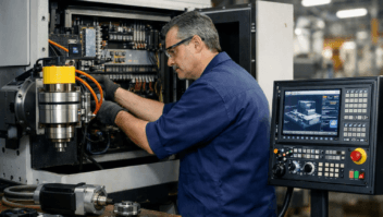 technician working on some retrofit in the electrical panel of a cutting machine.