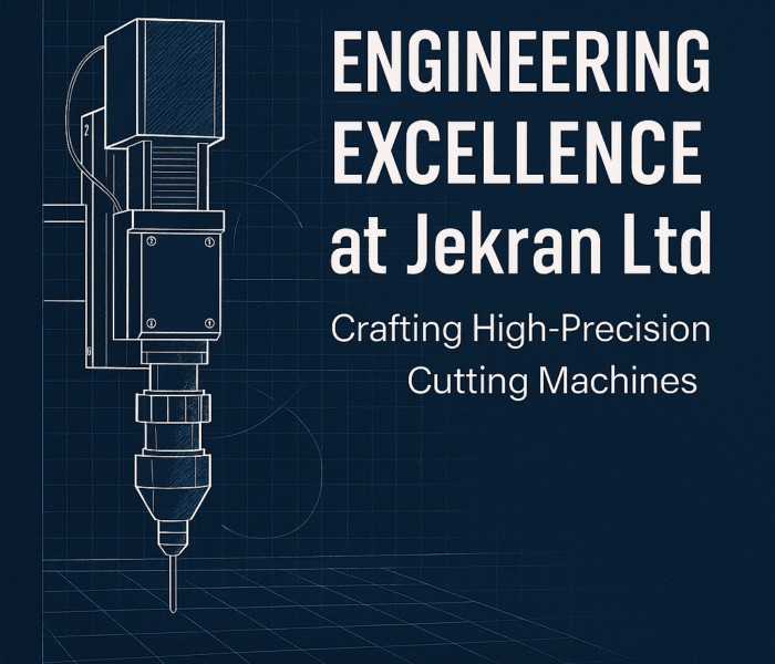 "Abstract industrial design with metallic textures and digital overlay symbolizing advanced cutting technology and precision engineering by Jekran Ltd.