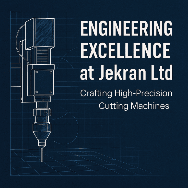 "Abstract industrial design with metallic textures and digital overlay symbolizing advanced cutting technology and precision engineering by Jekran Ltd.