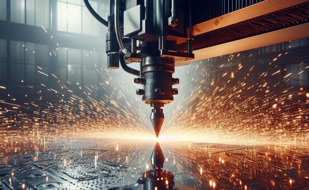 AI-generated image showing a plasma torch slicing through an aluminium-steel sheet, releasing a dazzling burst of sparks.