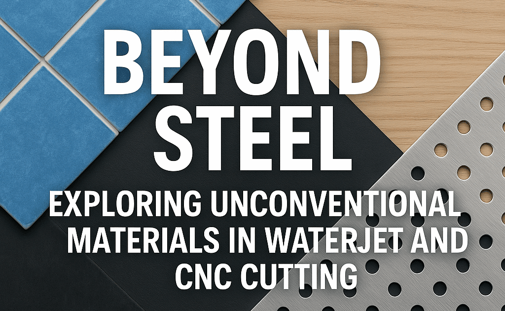 Split image: waterjet slicing ceramic tile with floating glass shards on blue; CNC router carving wood with chips on warm side, merging in center.