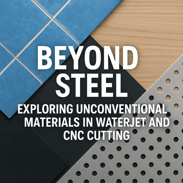 Split image: waterjet slicing ceramic tile with floating glass shards on blue; CNC router carving wood with chips on warm side, merging in center.