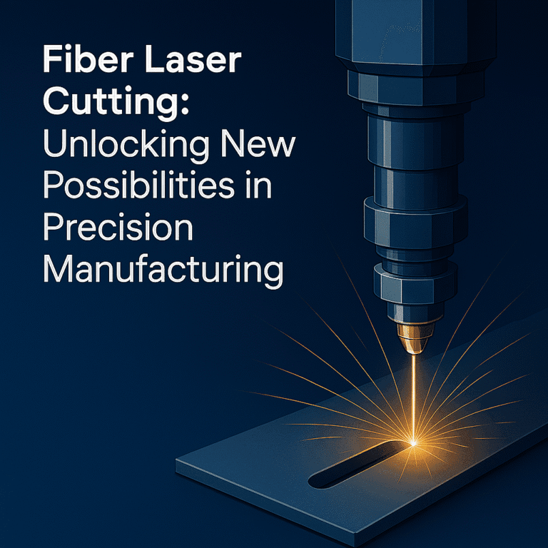 Fiber laser cutting image with a laser nozzle cutting a steel plate.